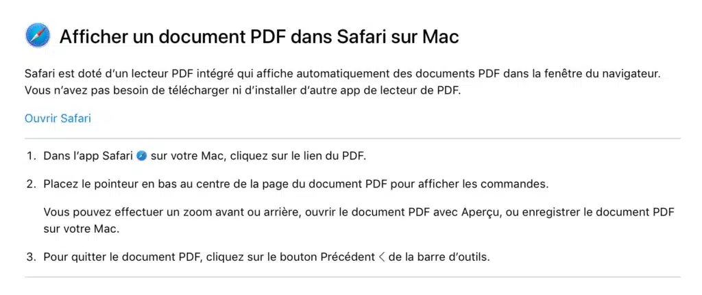 Affichage pdf - Safari