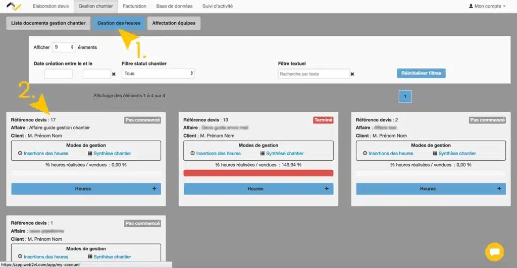 Web2vi guide d'utilisation FAQ gestion de chantier