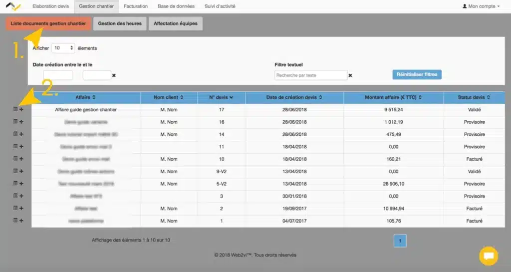 Web2vi guide d'utilisation FAQ gestion de chantier