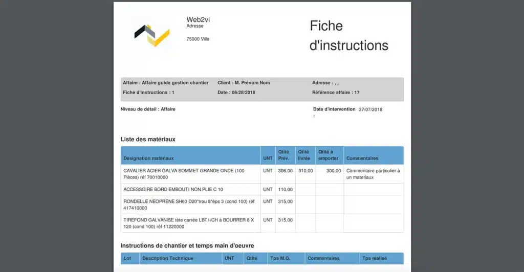 Web2vi guide d'utilisation FAQ gestion de chantier