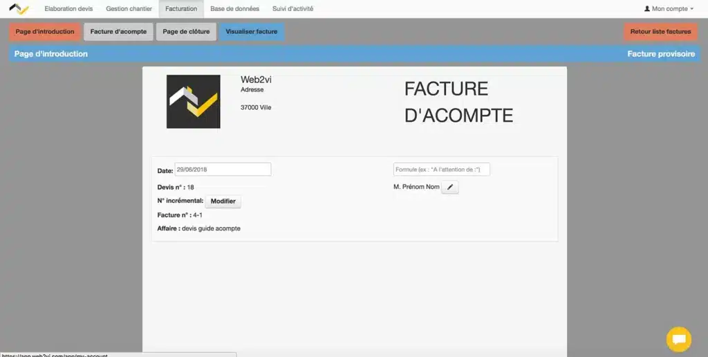 WEB2VI Guide d'utilisation FAQ facture d'acompte bâtiment