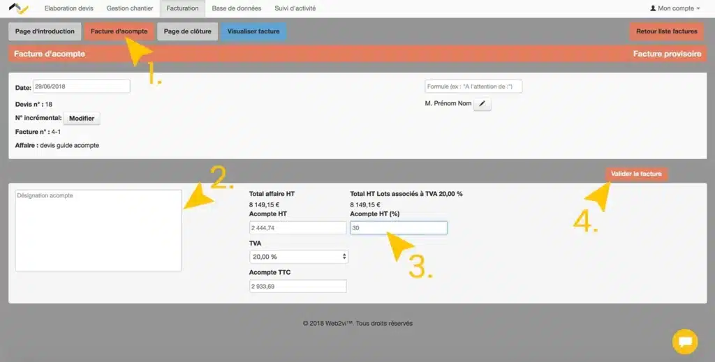 WEB2VI Guide d'utilisation FAQ facture d'acompte bâtiment