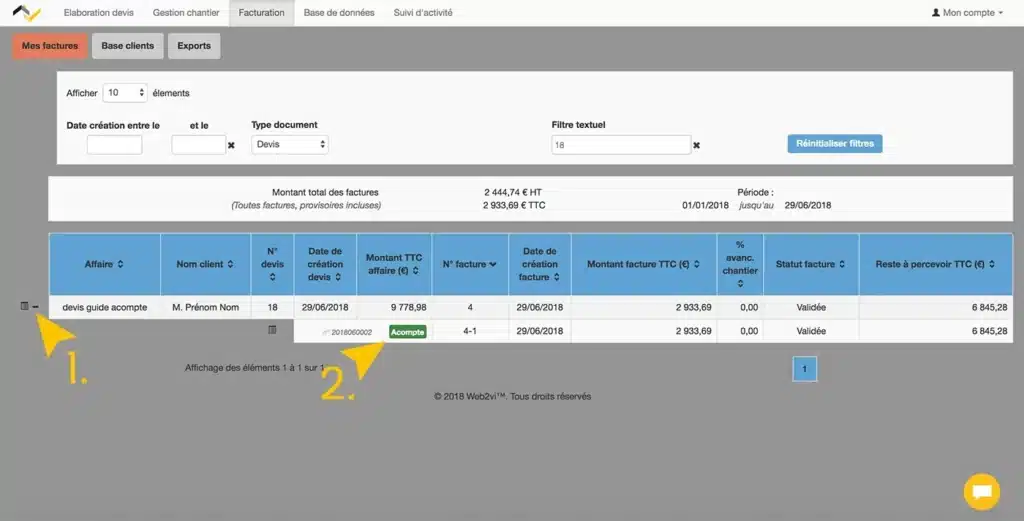 WEB2VI Guide d'utilisation FAQ facture d'acompte bâtiment