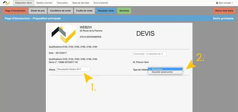 Nouveautés Web2vi Octobre 2017 personnalisation devis