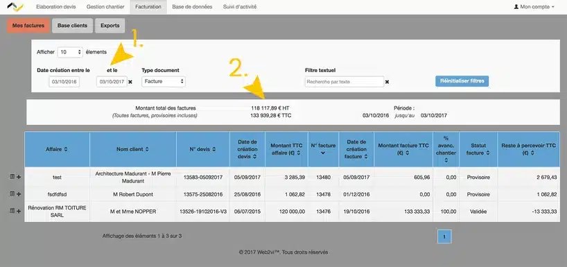 Nouveautés Web2vi Octobre 2017 Chiffre d'affaires selon factures