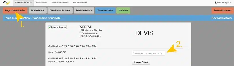 Mise à jour Web2vi logiciel de gestion bâtiment édition devis adresse client