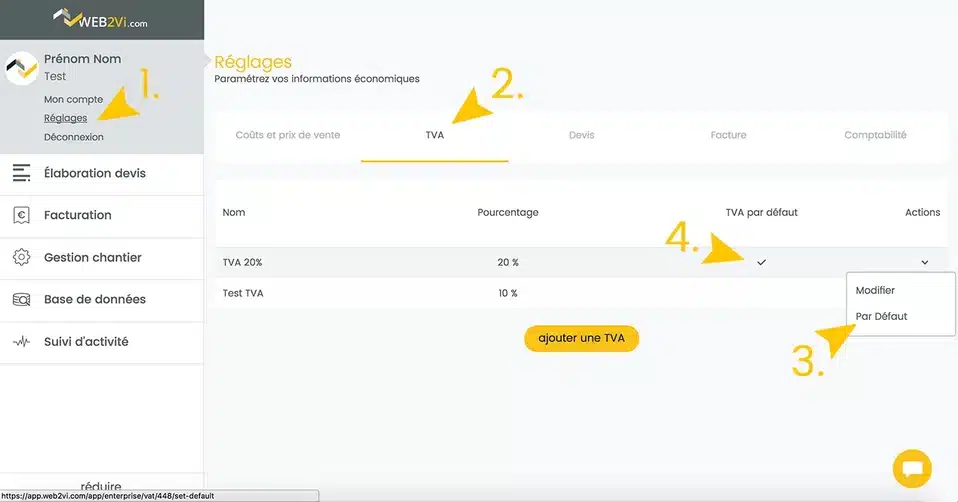 Mise à jour logiciel gestion web2vi TVA par défaut dans les devis et factures