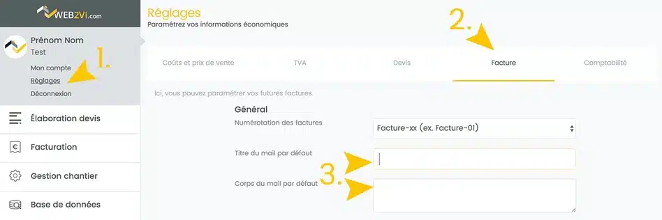 Web2vi logiciel gestion bâtiment envoi factures réglages objet pré-paramétré