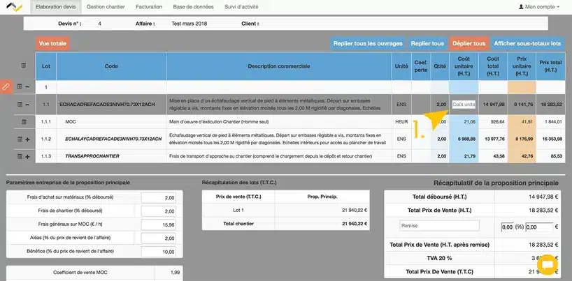 Web2vi logiciel gestion bâtiment devis prix de vente HT données