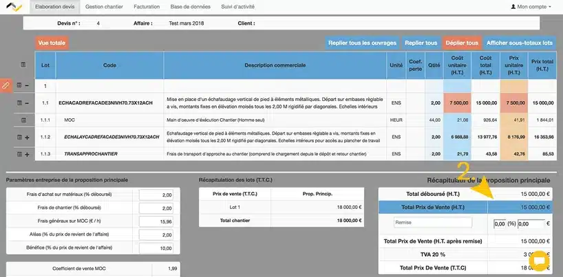 Web2vi logiciel gestion bâtiment devis prix de vente HT données