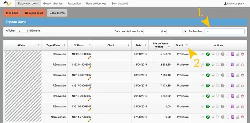 Nouveautés Web2vi filtrer liste de factures dans logiciel de gestion