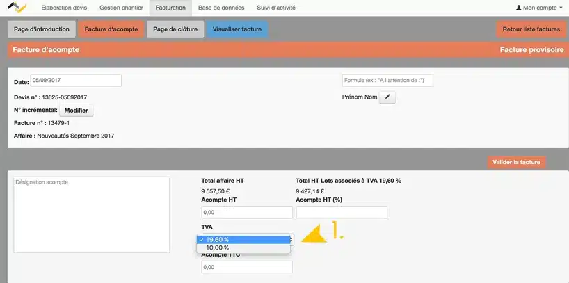 Mise à jour Web2vi devis facture d'acompte TVA affaire logiciel gestion